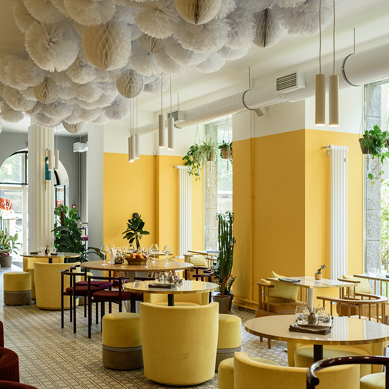 Restaurant with yellow interior
